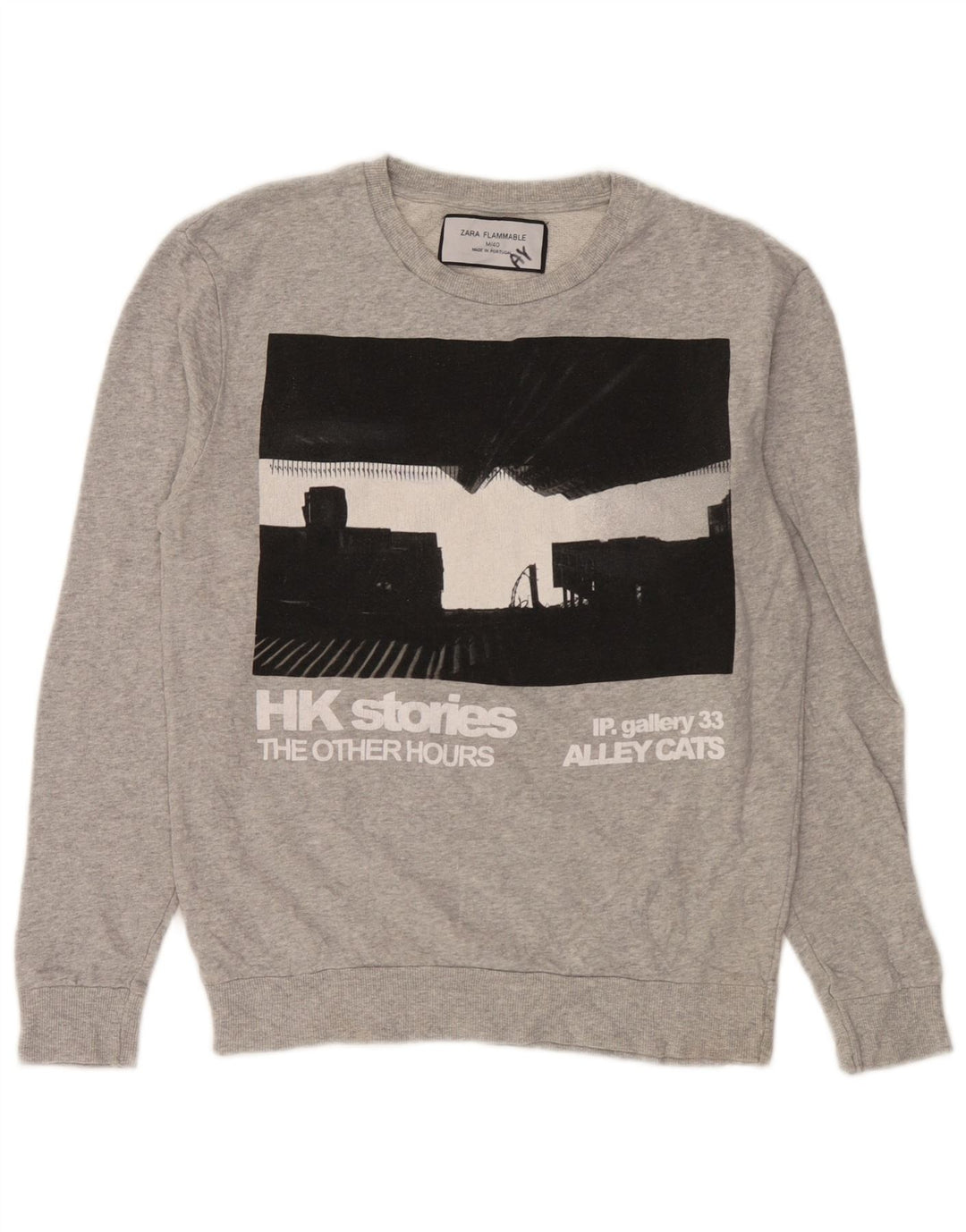 Zara Dame Grafisk Sweatshirt Jumper UK 14 Medium Grey Bomuld