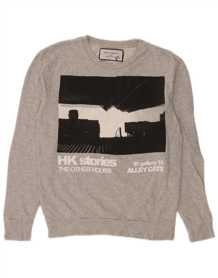 Zara Dame Grafisk Sweatshirt Jumper UK 14 Medium Grey Bomuld