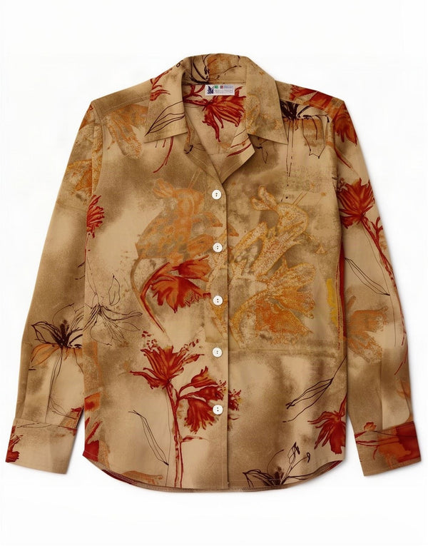 Vintage Womens Shirt UK 16 Large Beige Floral Polyester