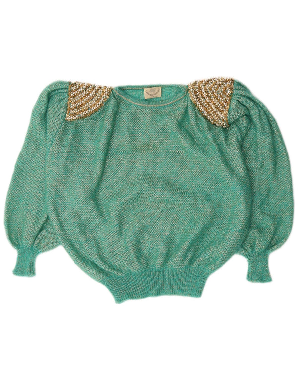 Vintage Dame Crop Boat Neck Jumper Sweater IT 42 Medium Green Flecked