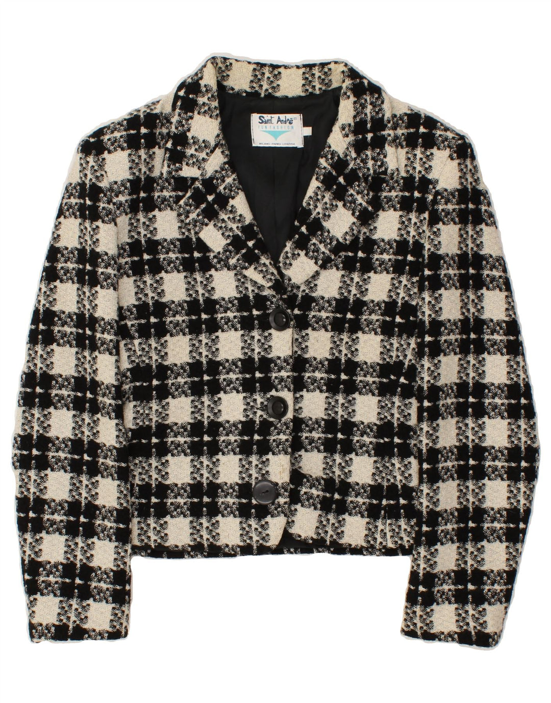 VINTAGE Womens 3 Button Blazer Jacket UK 12 Medium Black Check Wool Vintage Vintage and Second-Hand Vintage from Messina Hembry 