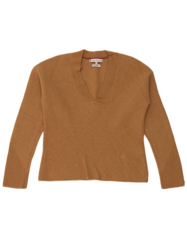 Tommy Hilfiger Dame Crop V-hals Jumper Sweater UK 6 XS Beige Uld