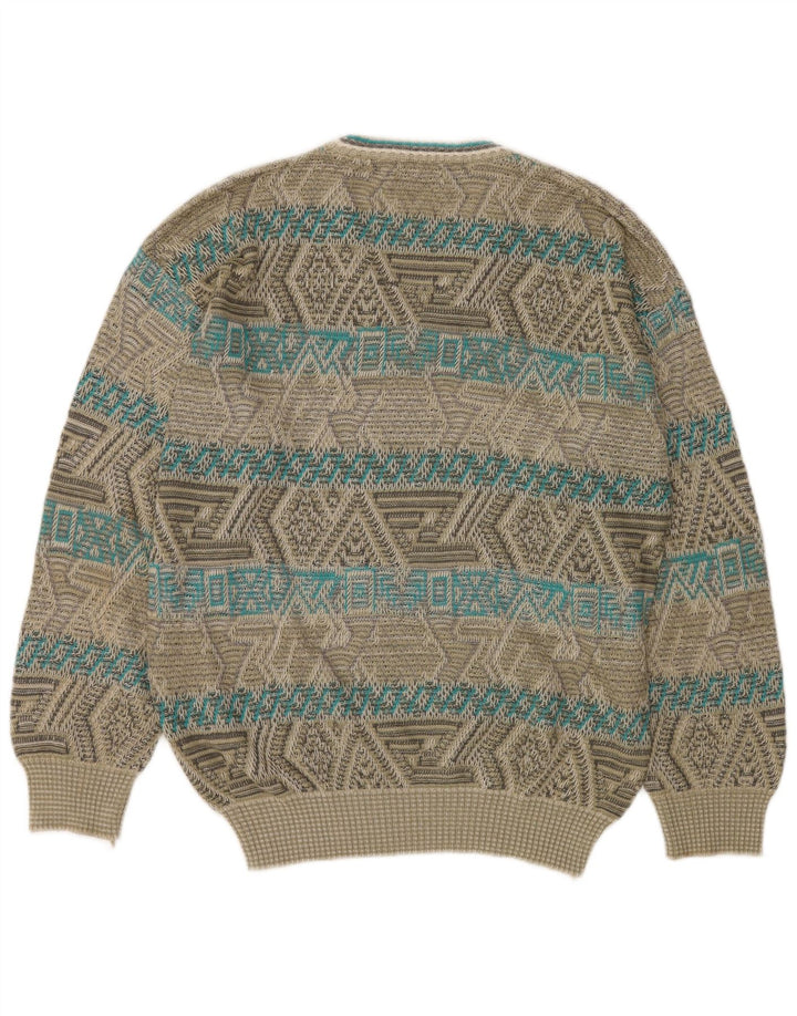 James Dillon Herre V-hals Jumper Sweater Stor Khaki Geometrisk Akryl