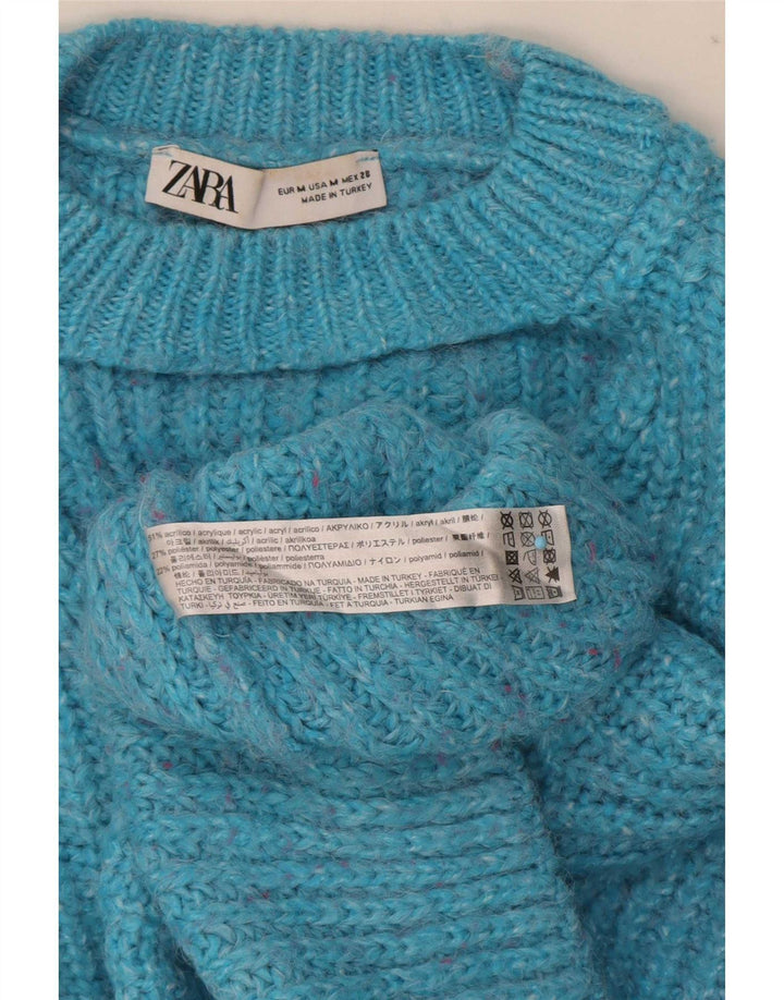 Zara Womens Crop Crew Neck Jumper Sweater UK 14 Medium Blue Acryl
