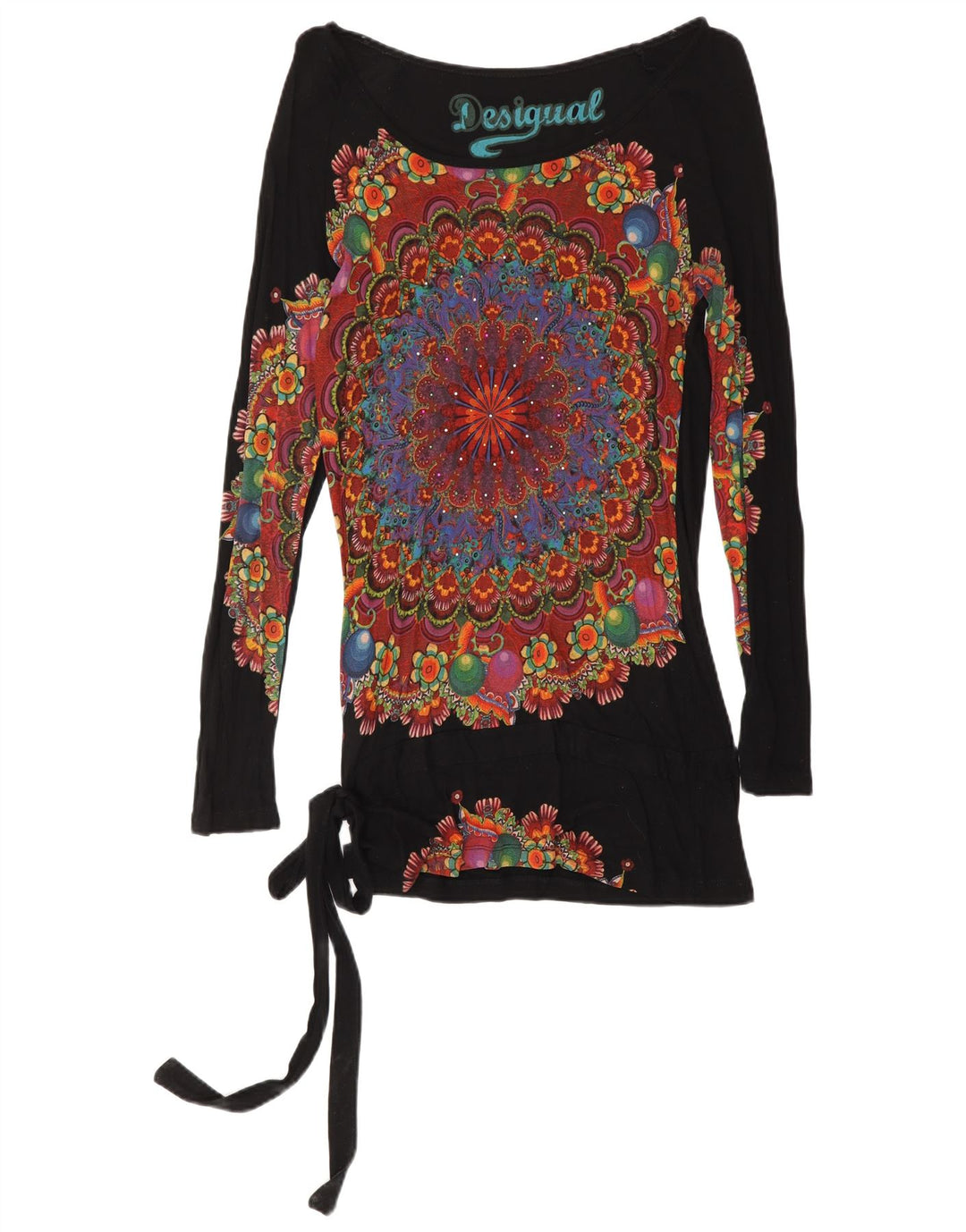 Desigual Dame Grafisk Langærmet Tunika Top UK 12 Medium Sort