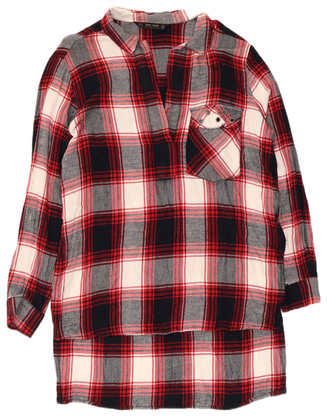 Zara Dame Longline Pullover Flanell Shirt UK 14 Medium Red Check Viscose