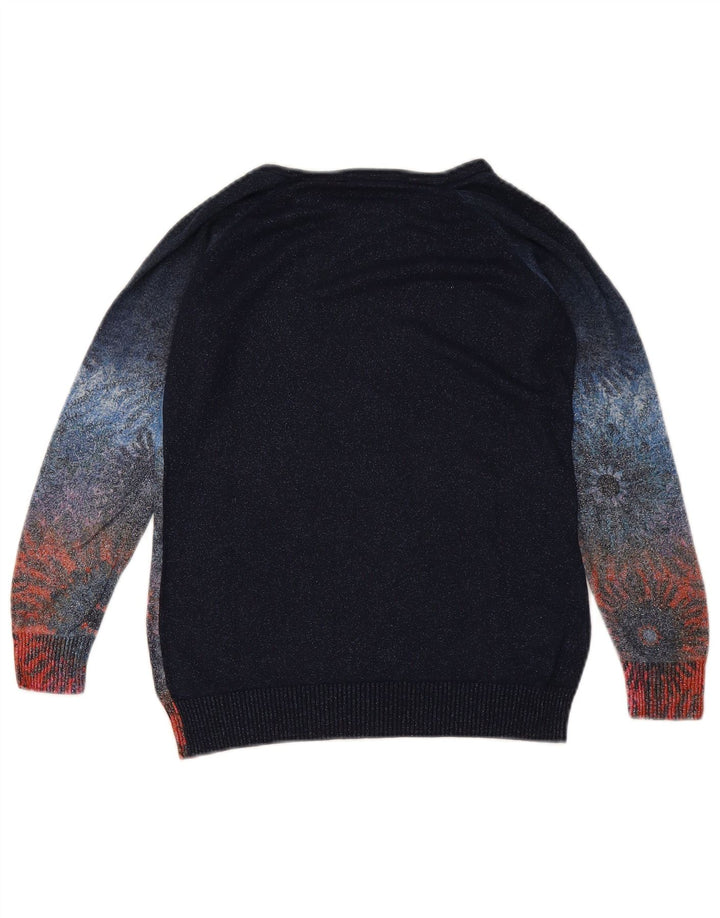DESIGUAL Dame Boat Neck Jumper Sweater UK 10 Small Navy Blue Floral