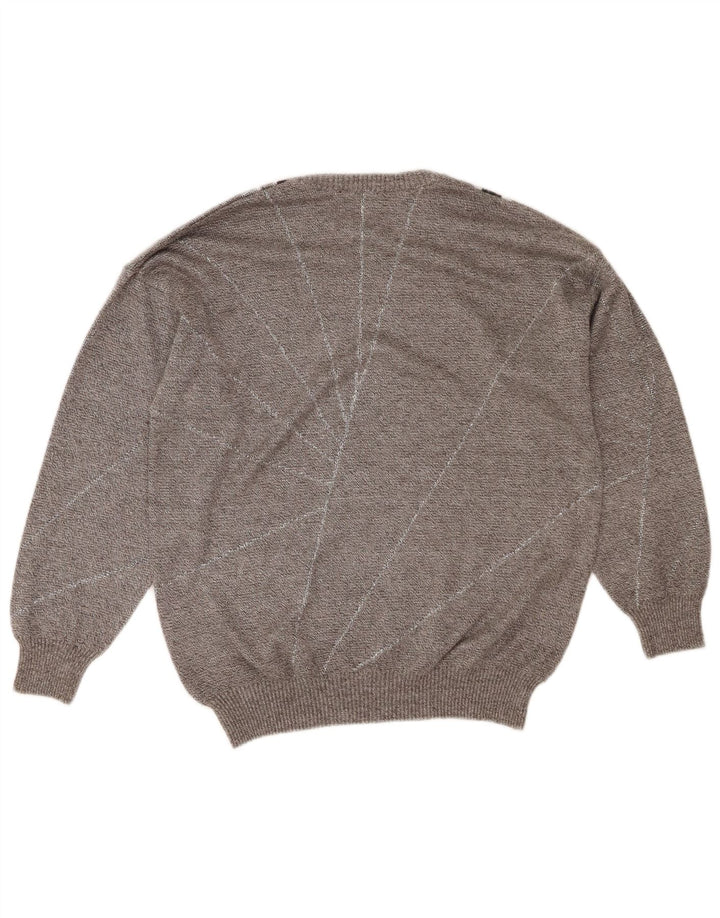 VINTAGE Womens Crew Neck Jumper Sweater UK 16 Large Grey Geometric