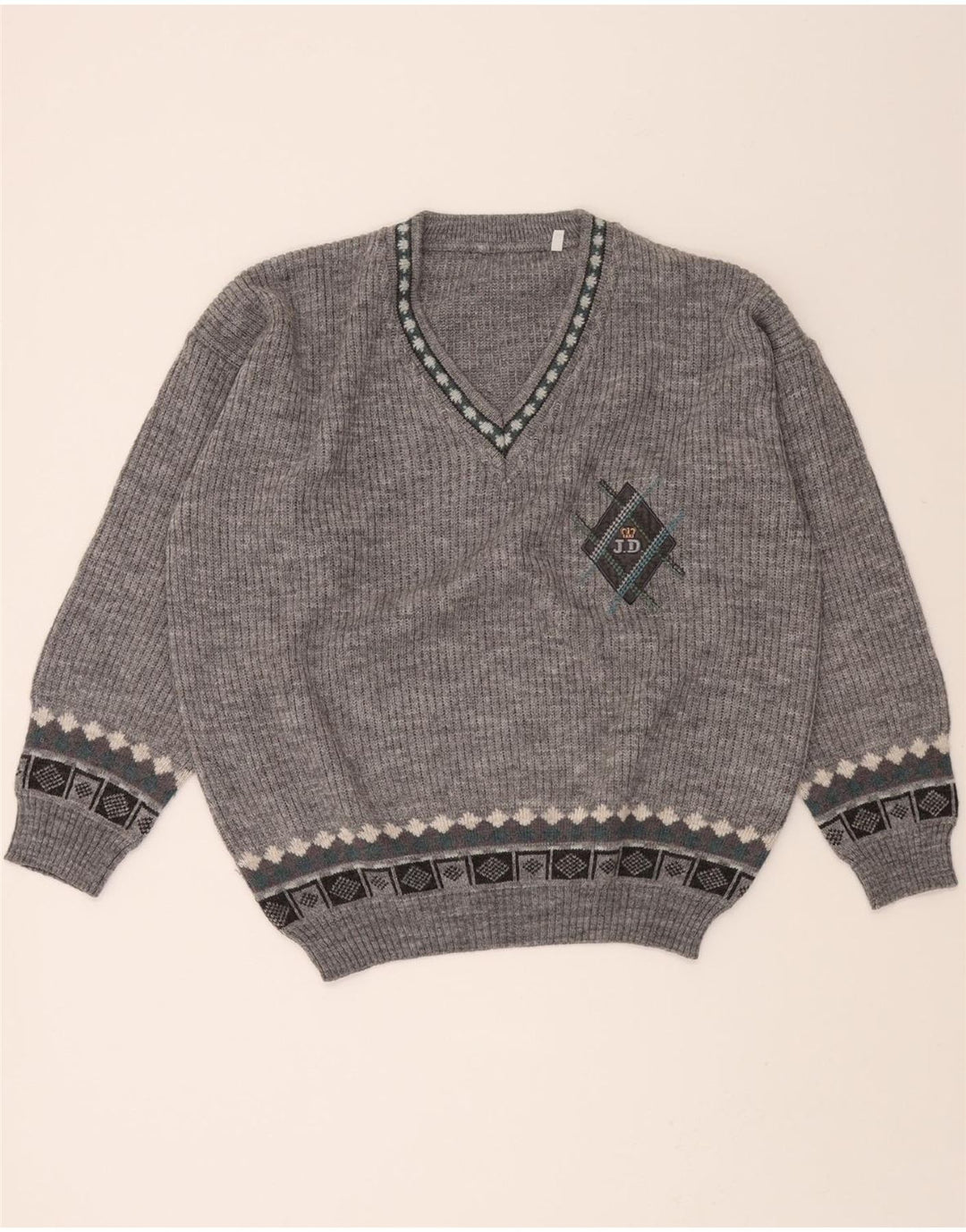 VINTAGE Mens V-Neck Jumper Sweater IT 52 Large Grey Argyle/Diamond Acrylic Vintage Vintage and Second-Hand Vintage from Messina Hembry 