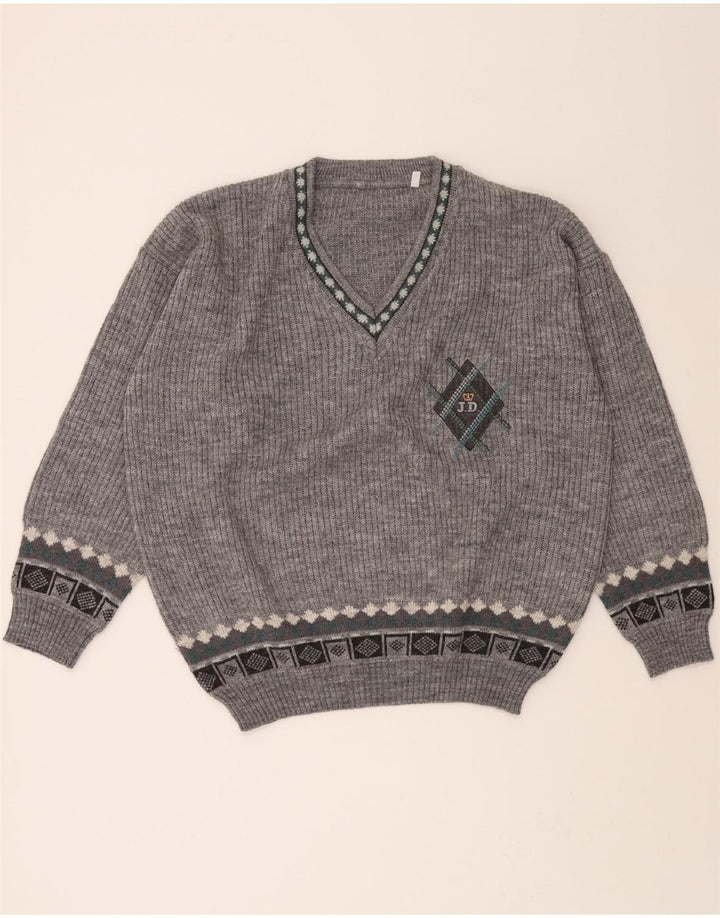 VINTAGE Mens V-Neck Jumper Sweater IT 52 Large Grey Argyle/Diamond Acrylic Vintage Vintage and Second-Hand Vintage from Messina Hembry 