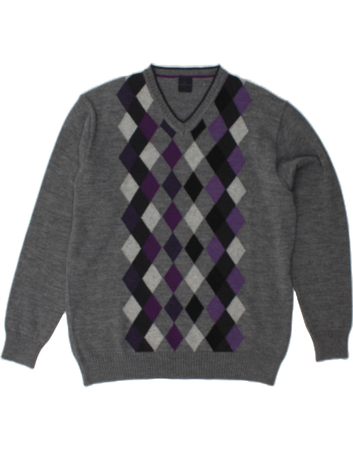 ENGBERS Mens V-Neck Jumper Sweater UK 40 Medium Grey Argyle/Diamond Wool Vintage Engbers and Second-Hand Engbers from Messina Hembry 