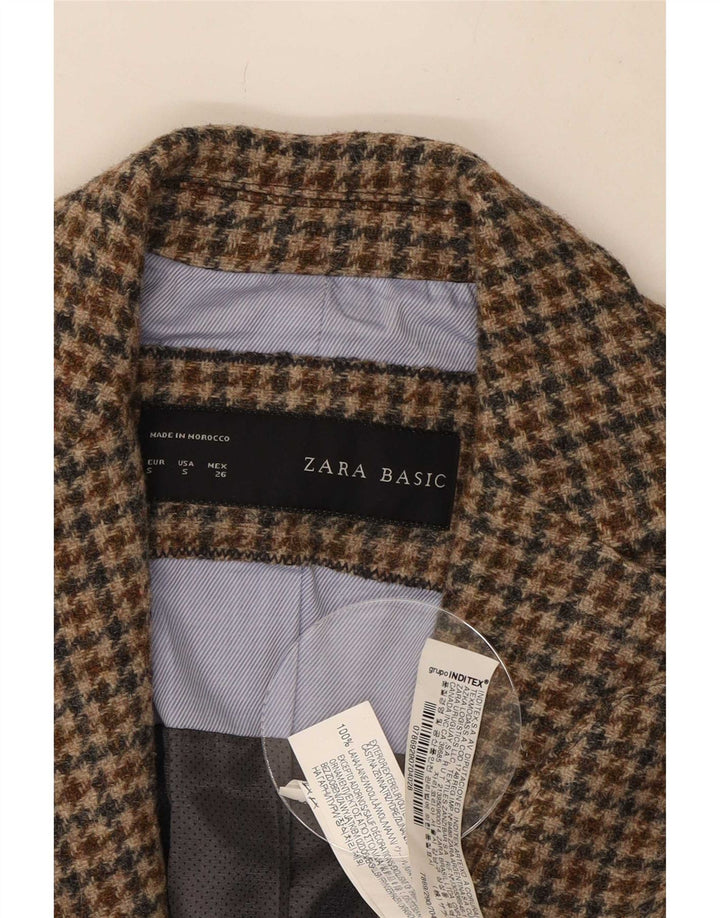 Zara Dame 1-knaps blazerjakke UK 10 Small Brown Houndstooth Uld