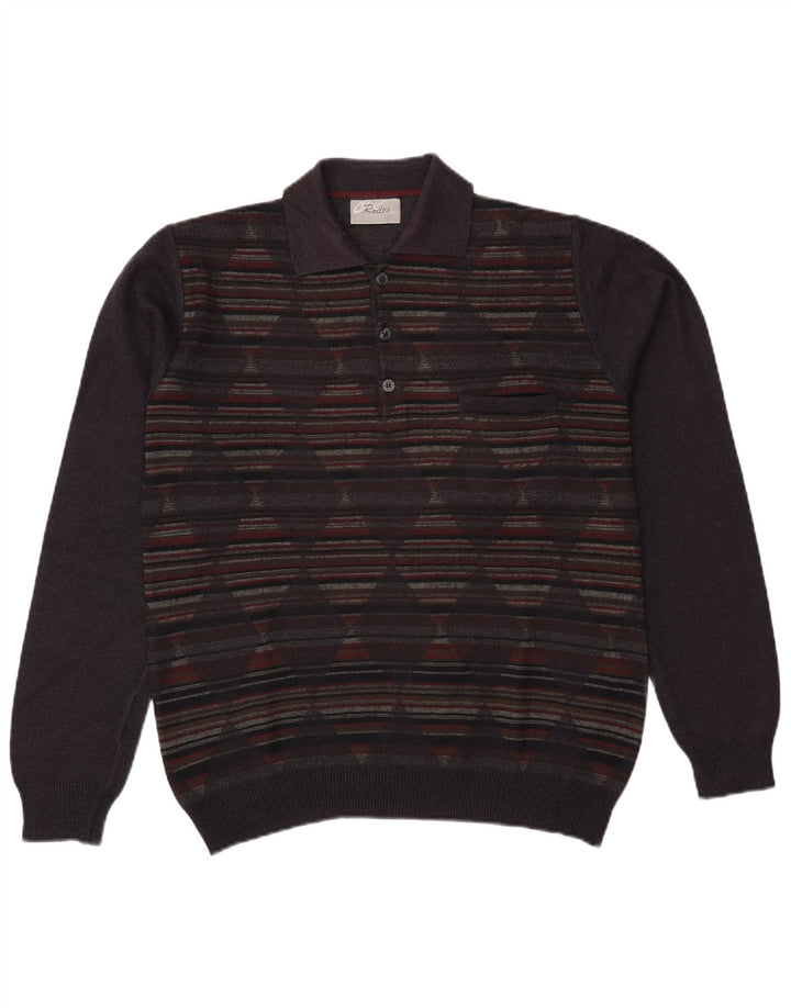 Rodes Herre Polo Neck Jumper Sweater Large Navy Blue Argyle/Diamond Wool