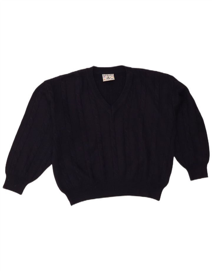 NAVIGARE Womens Oversized V-Neck Jumper Sweater UK 14 Medium Navy Blue