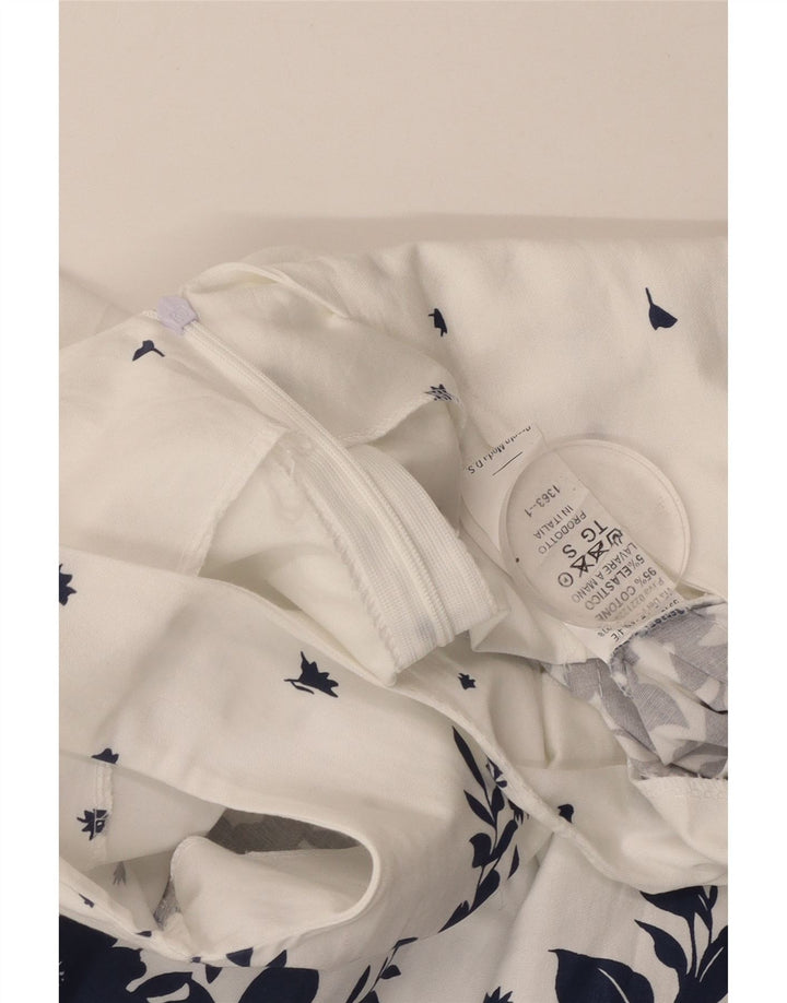 VINTAGE Dame Ærmeløs A-Line Kjole UK 8 Small White Floral Bomuld