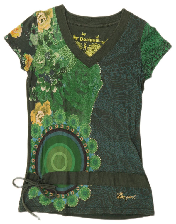 Desigual Dame Grafisk T-Shirt Top UK 12 Medium Grøn