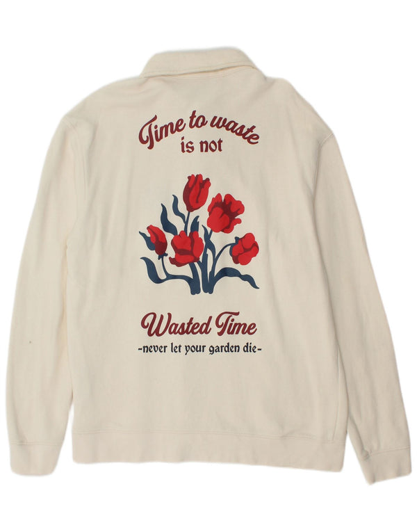 Zara Herre Grafisk Polo Neck Sweatshirt Jumper XL Off White Bomuld