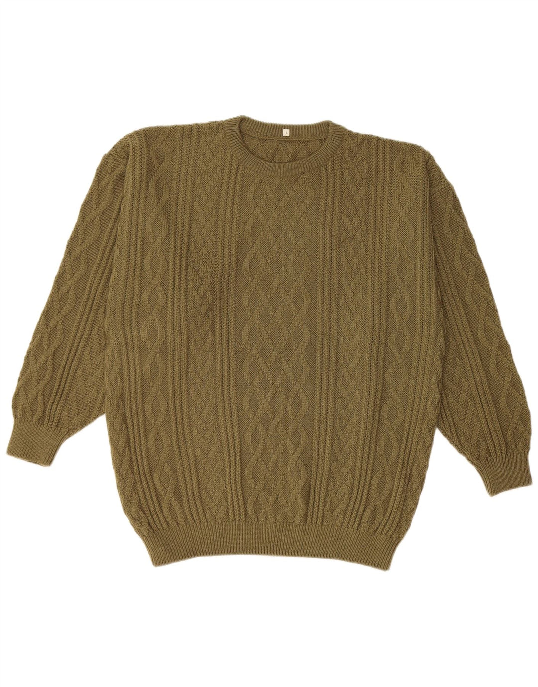 Vintage Herre Crew Neck Jumper Sweater Stor Khaki Akryl