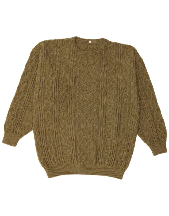 Vintage Herre Crew Neck Jumper Sweater Stor Khaki Akryl