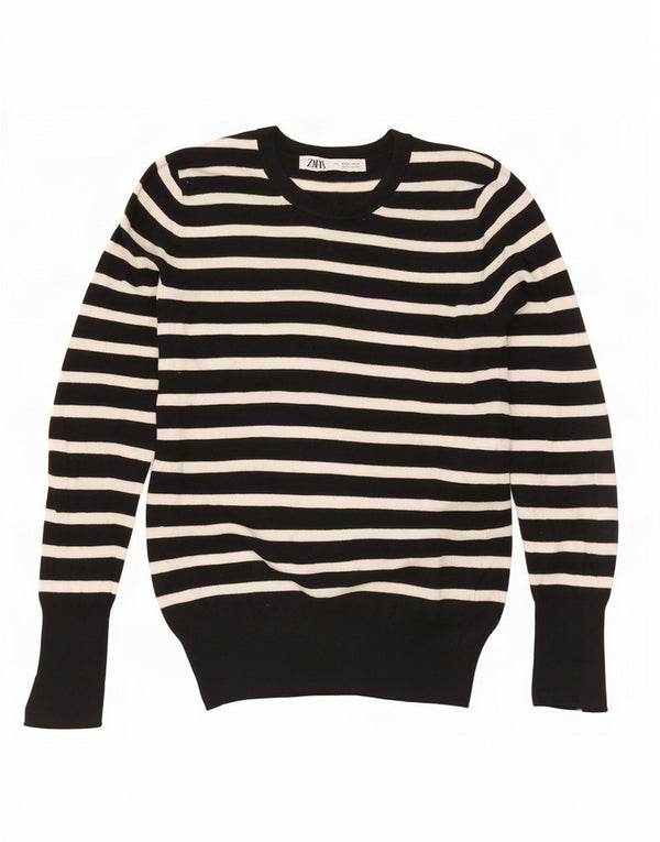Zara Dame Boat Neck Jumper Sweater UK 12 Medium Sort Stribet Viscose