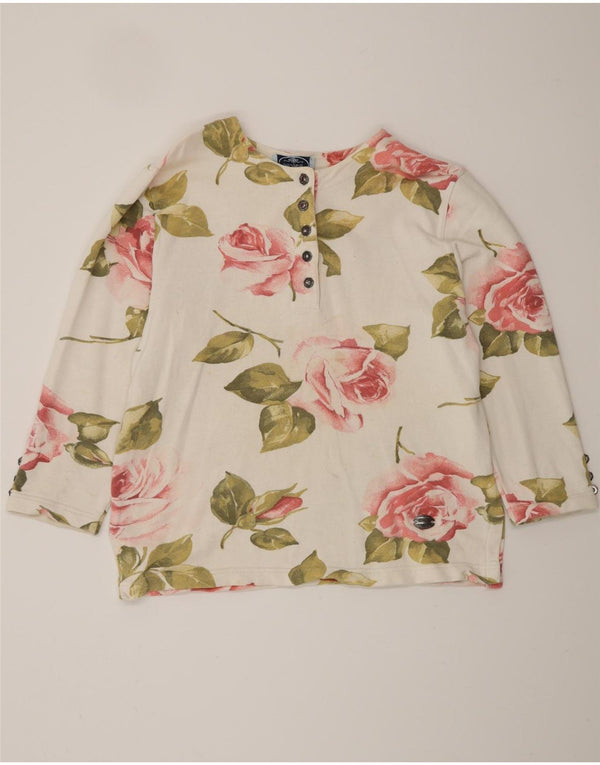 VINTAGE Dame Top Langærmet UK 16 Large Off White Blomsterbomuld