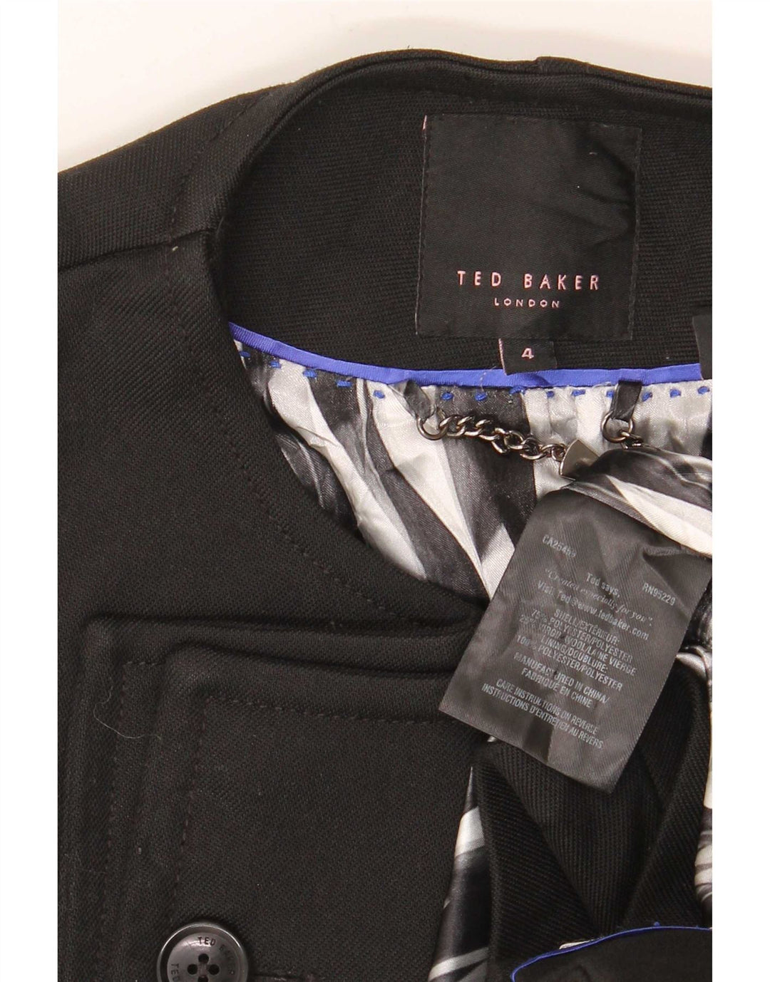 Ted Baker, åben overfrakke, størrelse 4, stor sort polyester