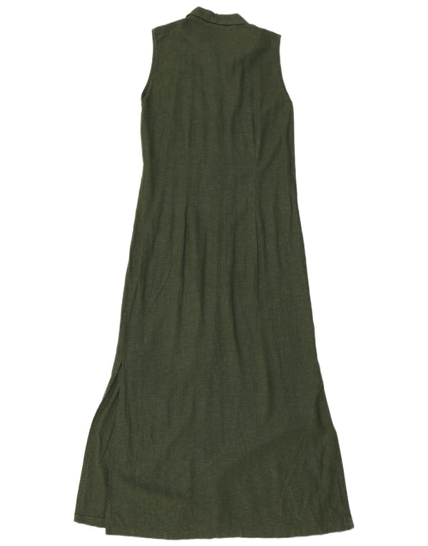 Vintage dame Maxi ærmeløs skjortekjole UK 10 Small Green Linen