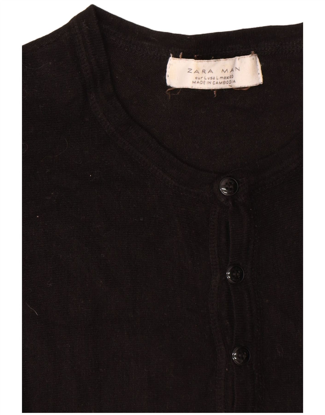 Zara Herre Kortærmet Button Neck Jumper Sweater Large Sort