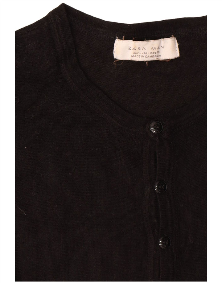 Zara Herre Kortærmet Button Neck Jumper Sweater Large Sort