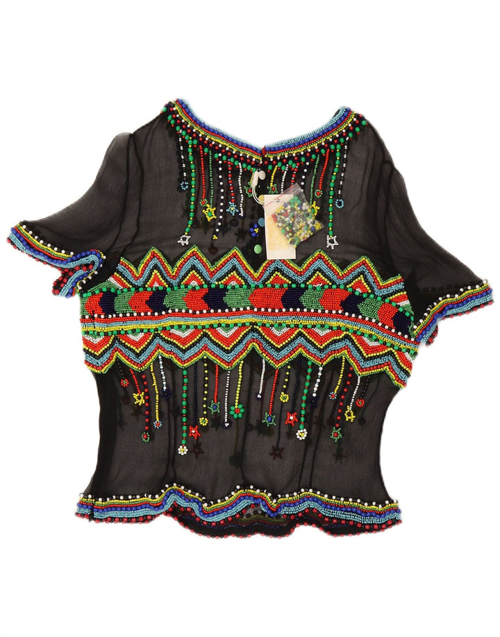 Vintage dame bluse top IT 48 XL sort geometrisk silke