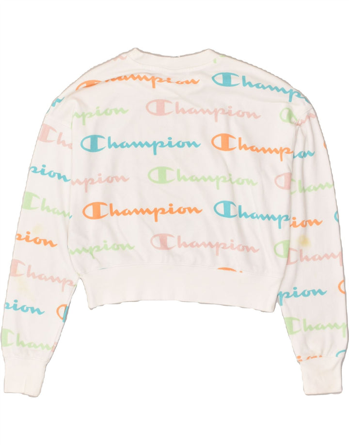 CHAMPION Womens Graphic Sweatshirt Jumper UK 14 Medium White Cotton | Vintage Champion | Thrift | Second-Hand Champion | Used Clothing | Messina Hembry 