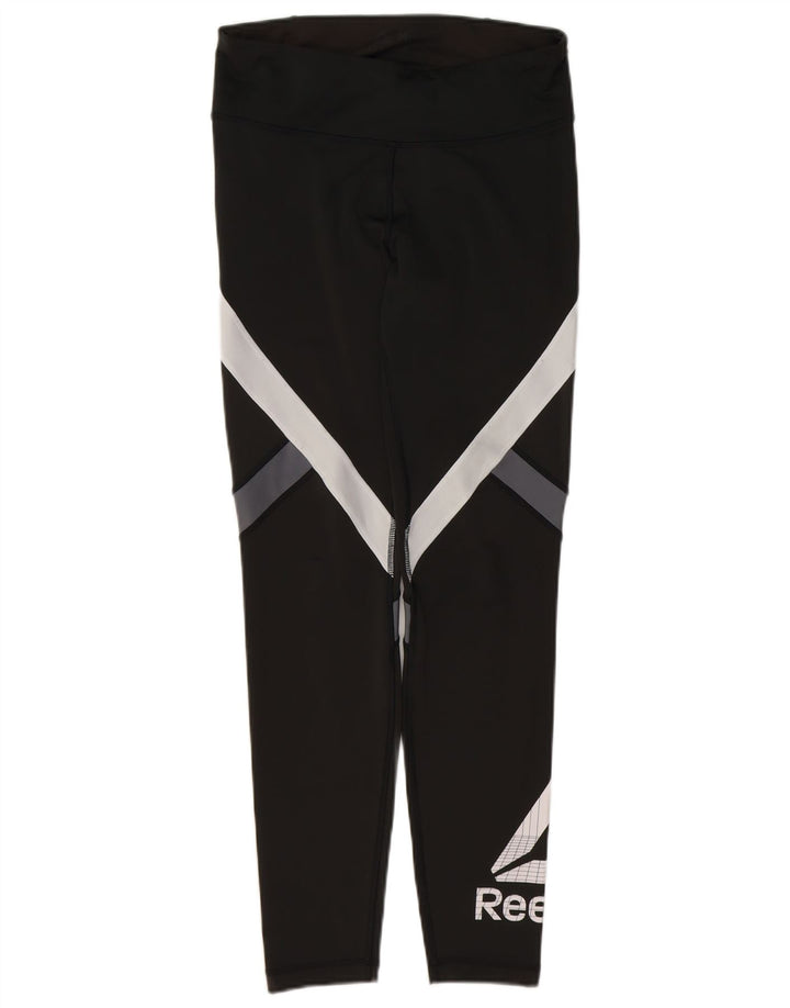 REEBOK Womens Graphic Leggings UK 12/14 Medium  Black Colourblock