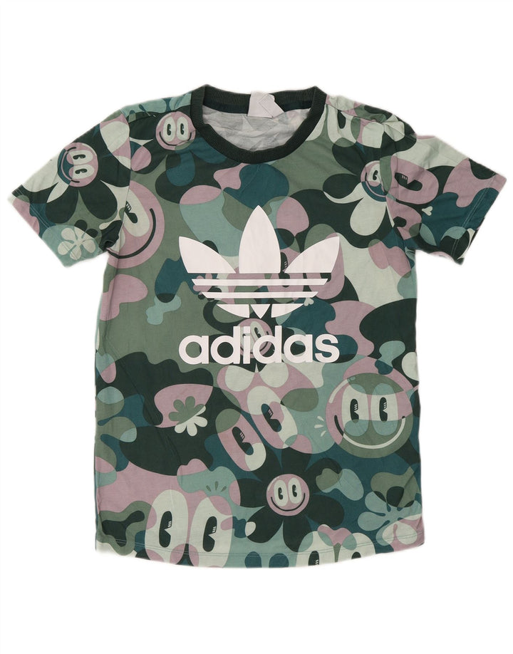 ADIDAS Womens Graphic T-Shirt Top UK 8 Small Green Camouflage Polyester Vintage Adidas and Second-Hand Adidas from Messina Hembry 