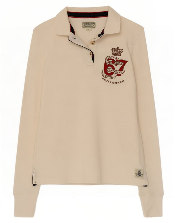 Polo Ralph Lauren Dame Grafisk Langærmet Polo Shirt UK 10 Small White