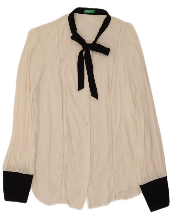 BENETTON Bluse med sløjfeskjorte til kvinder UK 16 Stor hvid Colourblock Viscose