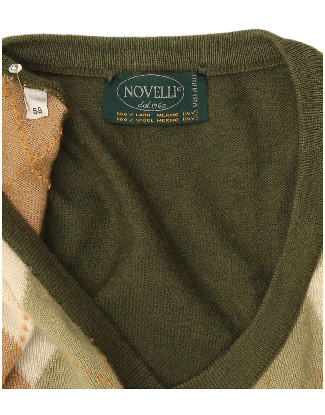 Novelli Herre V-hals sweater IT 58 2XL Khaki Argyle/Diamond