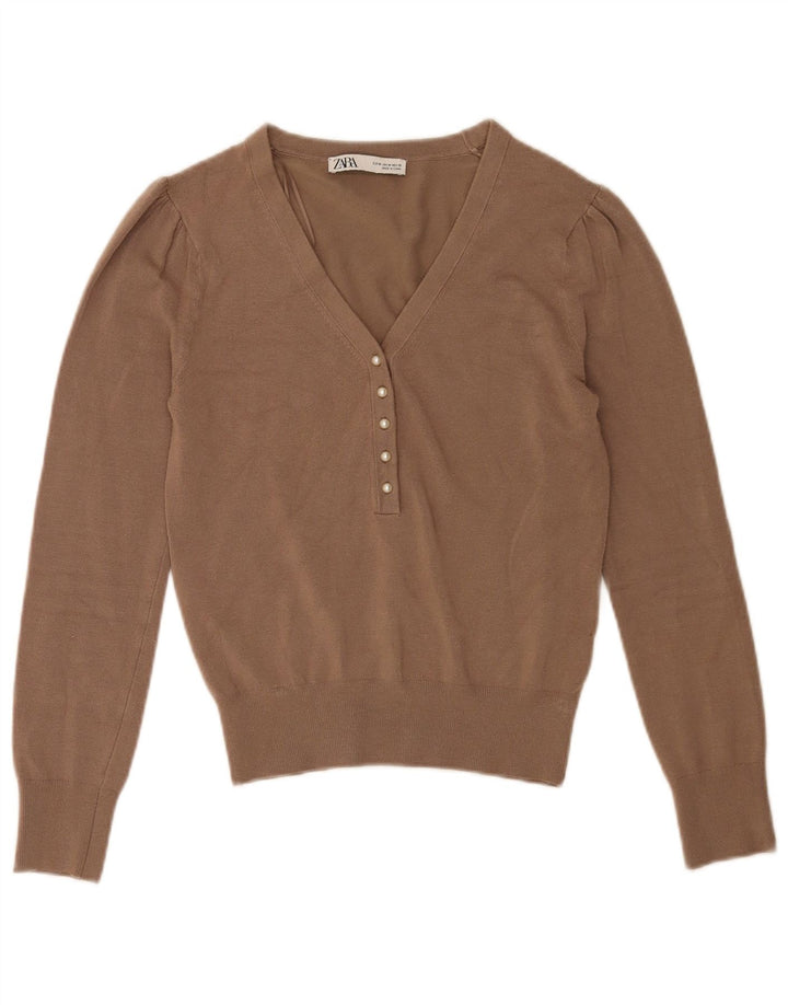 Zara Dame V-hals sweater UK 12 Medium Brown Viscose