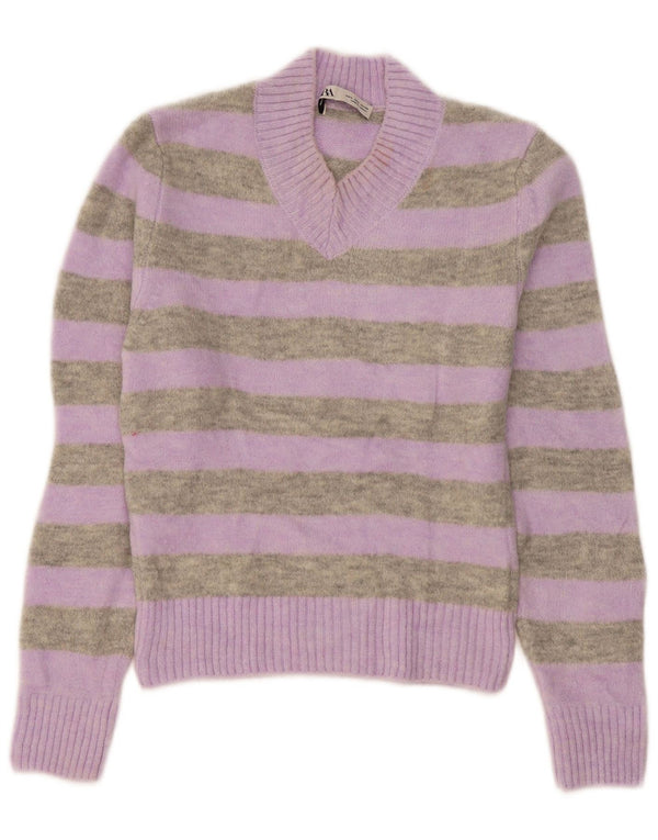 Zara Womens Crop V-hals sweater UK 10 Lille lilla stribet