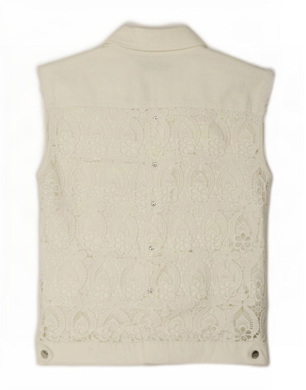 Twin-Set Womens Denim Gilet UK 10 Small Off White Floral Bomuld