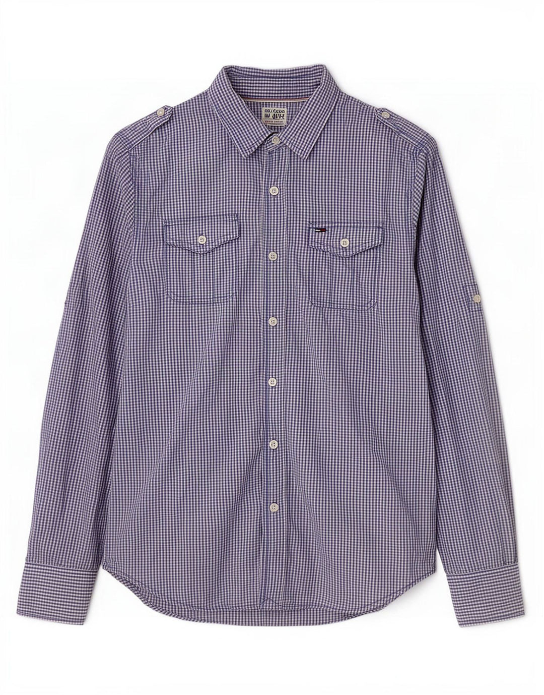 Tommy Hilfiger Herre Military Shirt Small Blue Gingham Cotton