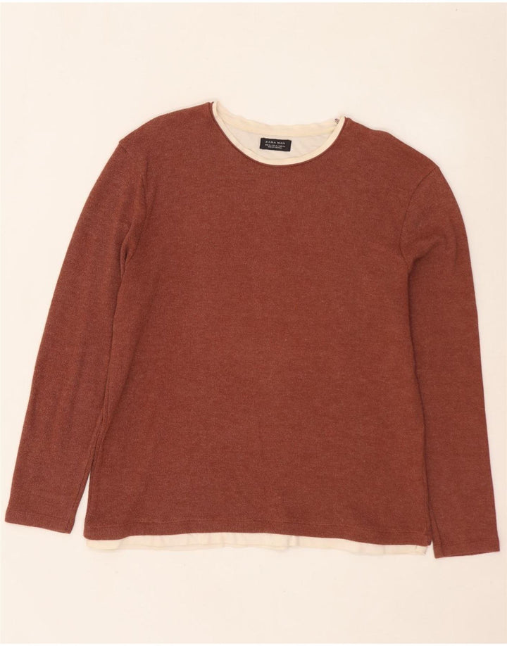 ZARA Herre Top Langærmet XL Brun Colourblock Bomuld