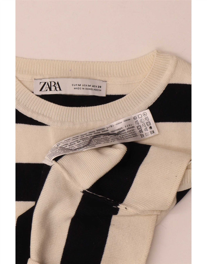 Zara Dame Ærmeløs Crop Top UK 12 Medium hvid stribet viskose