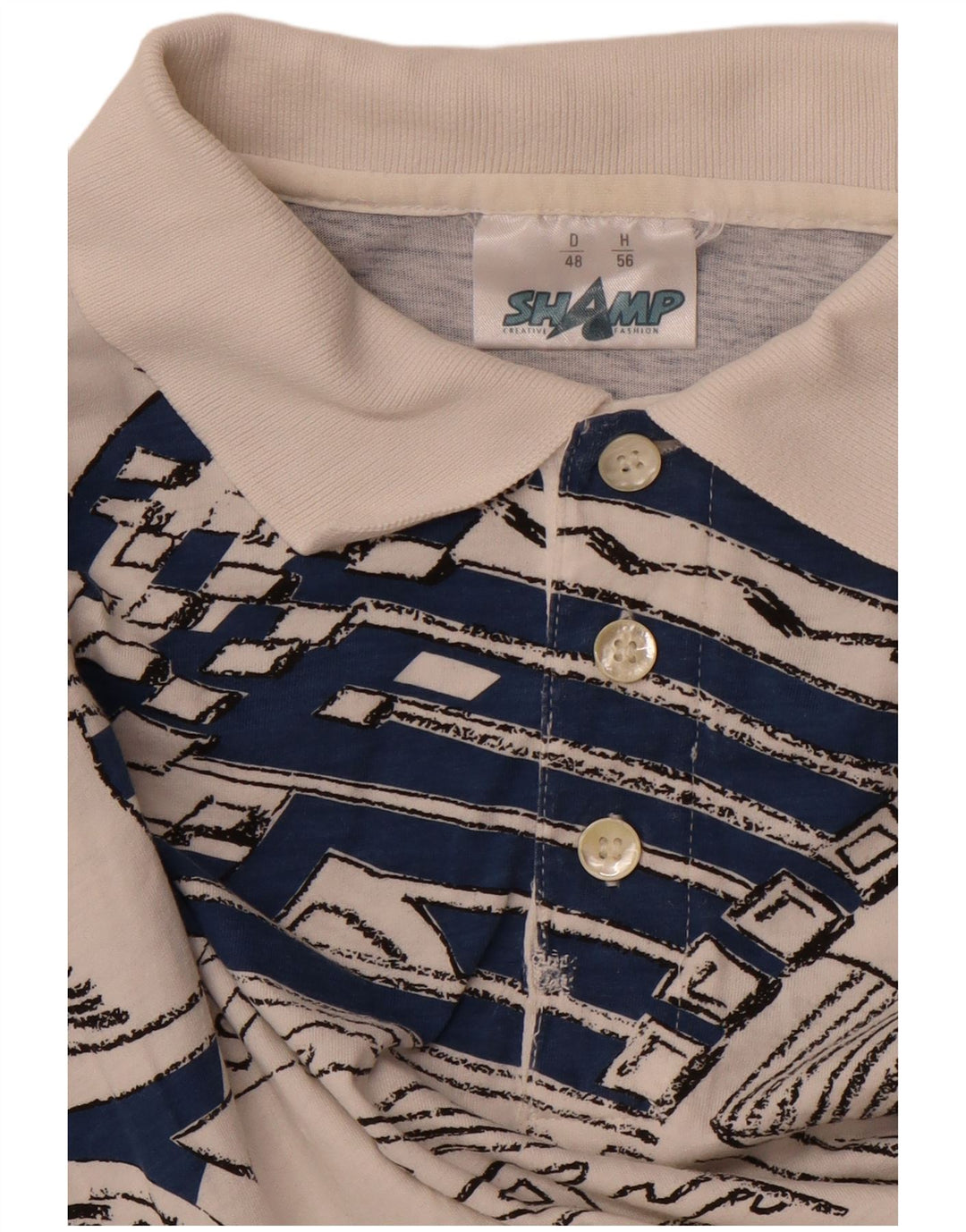 SHAMP Grafisk poloshirt til mænd EU 48 Medium hvid geometrisk bomuld