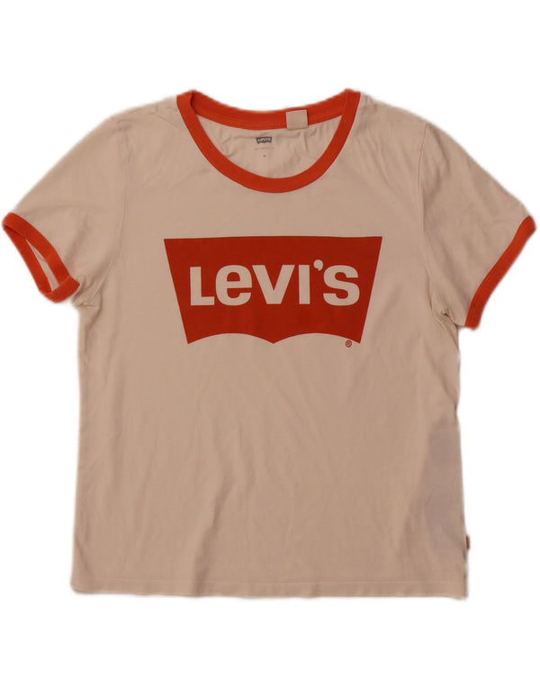 LEVI'S Dame Crop Grafisk T-Shirt Top UK 12 Medium Off White Bomuld