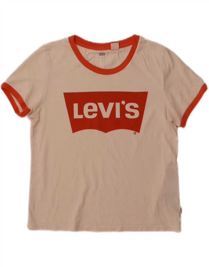 LEVI'S Dame Crop Grafisk T-Shirt Top UK 12 Medium Off White Bomuld
