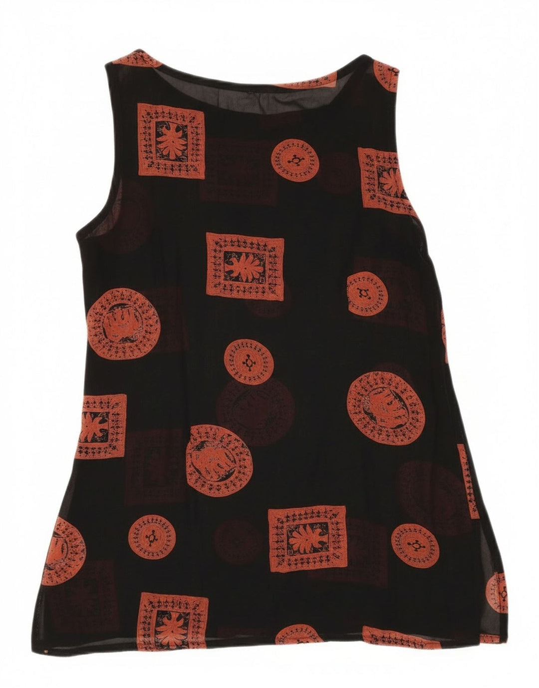Vintage dame ærmeløs tunika top UK 12 medium sort patchwork