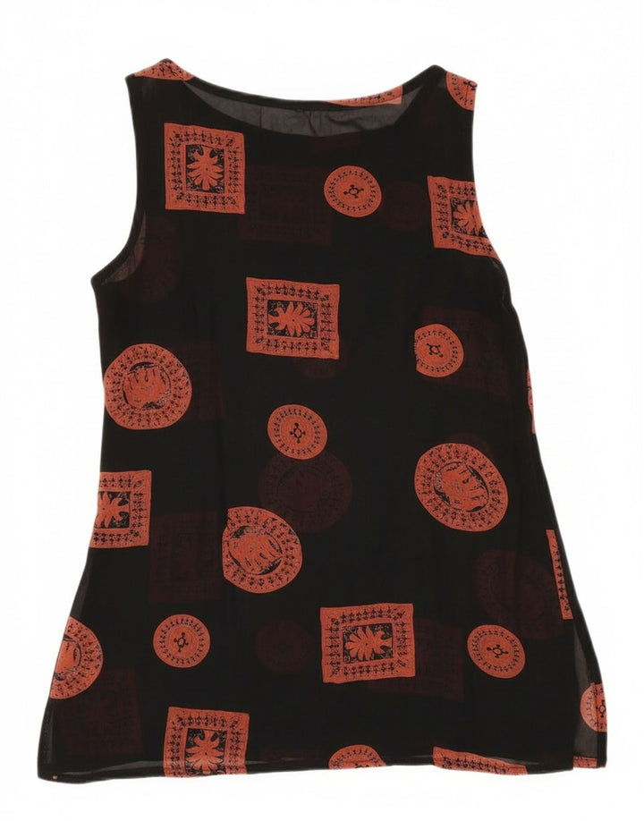 Vintage dame ærmeløs tunika top UK 12 medium sort patchwork