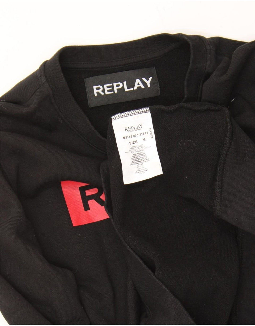 REPLAY Mens Graphic Sweatshirt Jumper Medium Black Cotton Vintage Replay and Second-Hand Replay from Messina Hembry 