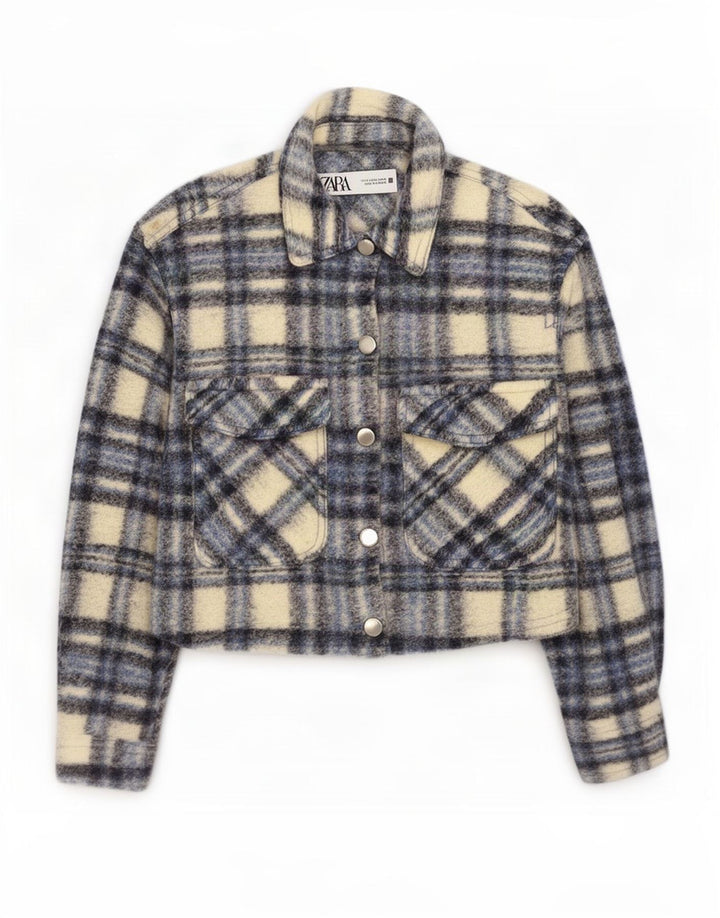 Zara Womens Crop 3/4-ærmet oversized bomberjakke UK 10 lille grå ternet
