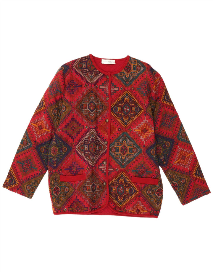 VINTAGE Dame Cardigan Sweater IT 44 Medium Rød Geometrisk Uld